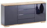 Modernes Sideboard mit Holzoberfläche und glänzenden grauen Fronten, seitliche Perspektive