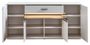 Frontale Ansicht eines weißen Sideboards mit offenen Türen und Schubladen, das mehrere Regalfächer zeigt.