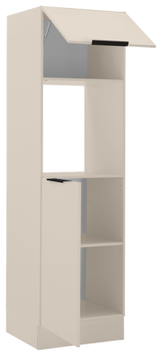 Küchenschrank für Backofen und Kühlschrank, perspektivisch von vorne links gezeigt, mit zwei offenen Fächern und einer Klapptür oben.