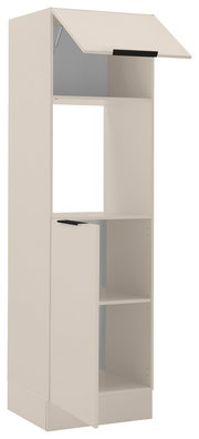 Küchenschrank für Backofen und Kühlschrank, perspektivisch von vorne links gezeigt, mit zwei offenen Fächern und einer Klapptür oben.