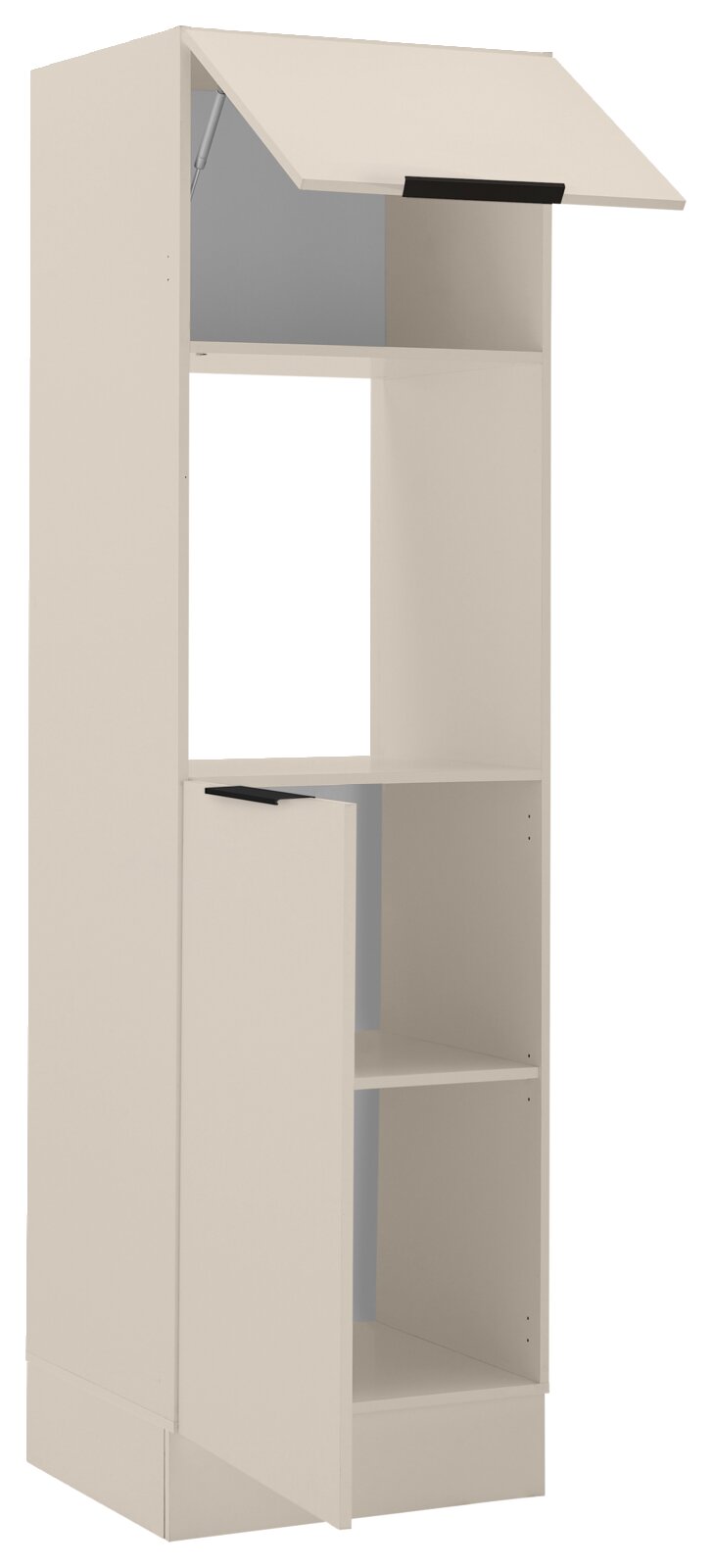 Küchenschrank für Backofen und Kühlschrank, perspektivisch von vorne links gezeigt, mit zwei offenen Fächern und einer Klapptür oben.