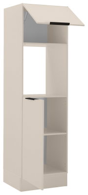 Küchenschrank für Backofen und Kühlschrank, perspektivisch von vorne links gezeigt, mit zwei offenen Fächern und einer Klapptür oben.