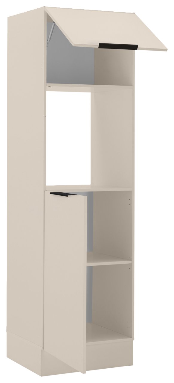 Küchenschrank für Backofen und Kühlschrank, perspektivisch von vorne links gezeigt, mit zwei offenen Fächern und einer Klapptür oben.