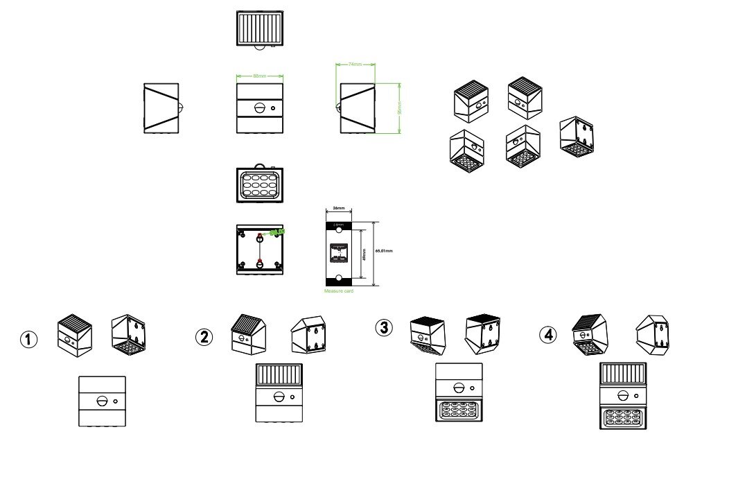Technische tekeningen van een LED-zonne-buitenwandlamp vanuit verschillende perspectieven, waaronder een vooraanzicht, zijaanzicht en achteraanzicht.