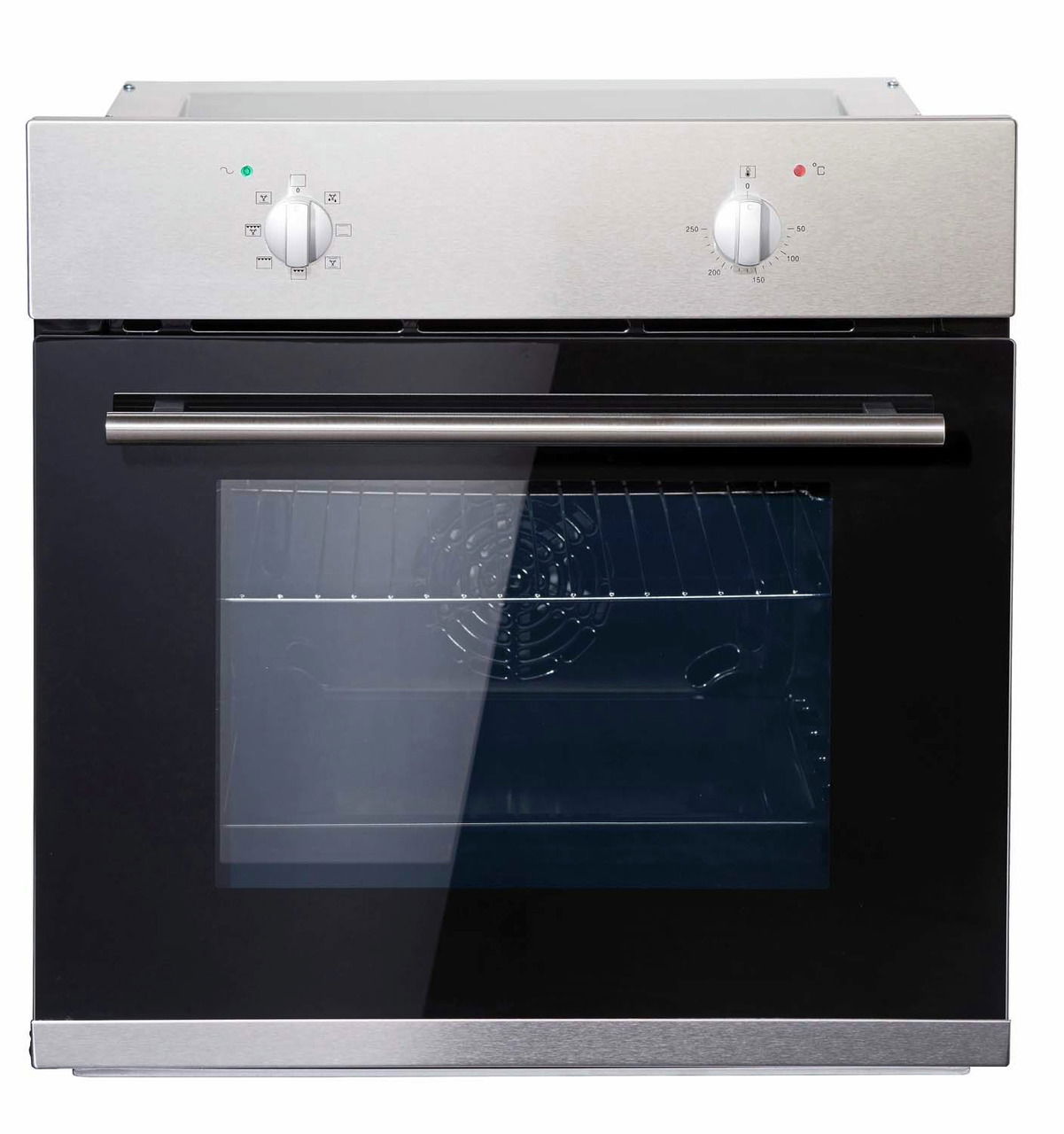Moderner Einbauofen mit Edelstahlfront und Glastür, Frontalansicht