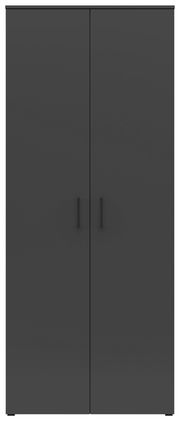 Vorderansicht eines modernen, schwarzen Mehrzweck-Vorratsschranks mit zwei Türen und minimalistischen Griffen.