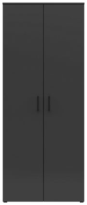 Vorderansicht eines modernen, schwarzen Mehrzweck-Vorratsschranks mit zwei Türen und minimalistischen Griffen.