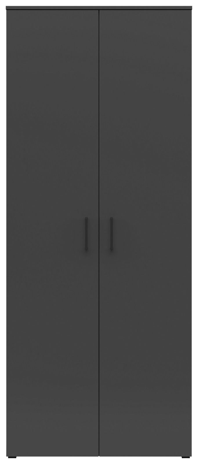 Vorderansicht eines modernen, schwarzen Mehrzweck-Vorratsschranks mit zwei Türen und minimalistischen Griffen.