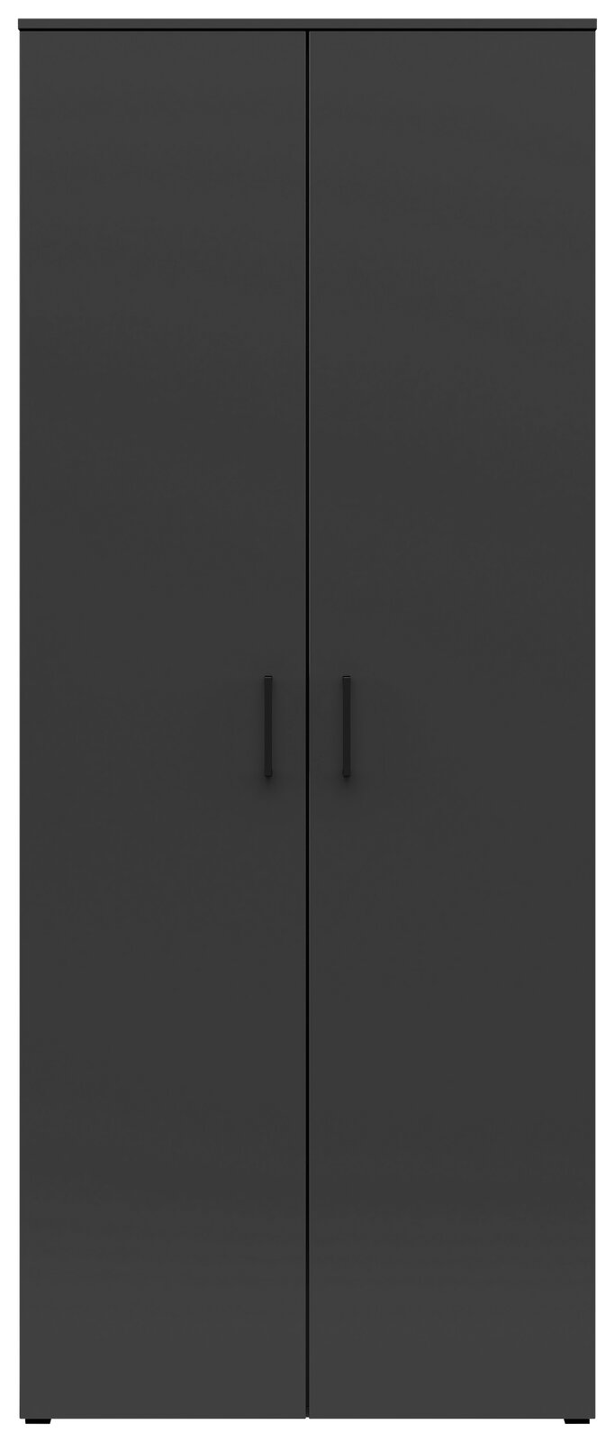 Vorderansicht eines modernen, schwarzen Mehrzweck-Vorratsschranks mit zwei Türen und minimalistischen Griffen.