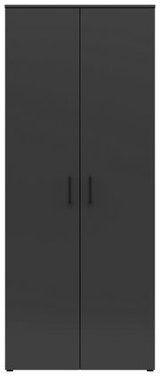 Vorderansicht eines modernen, schwarzen Mehrzweck-Vorratsschranks mit zwei Türen und minimalistischen Griffen.