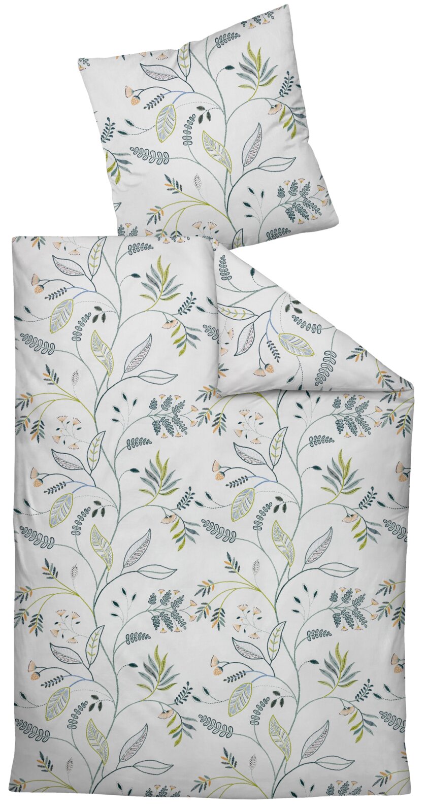 Janine Beddengoed PALERMO Wit beddengoed met botanische bladeren- en takkenprint in groen, blauw en geel, inclusief kussensloop, gefotografeerd in bovenaanzicht (plat lay) met deels omgeslagen dekbedovertrek.