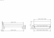 Technische Zeichnung eines Bettgestells, seitliche und frontale Ansicht mit Maßangaben.