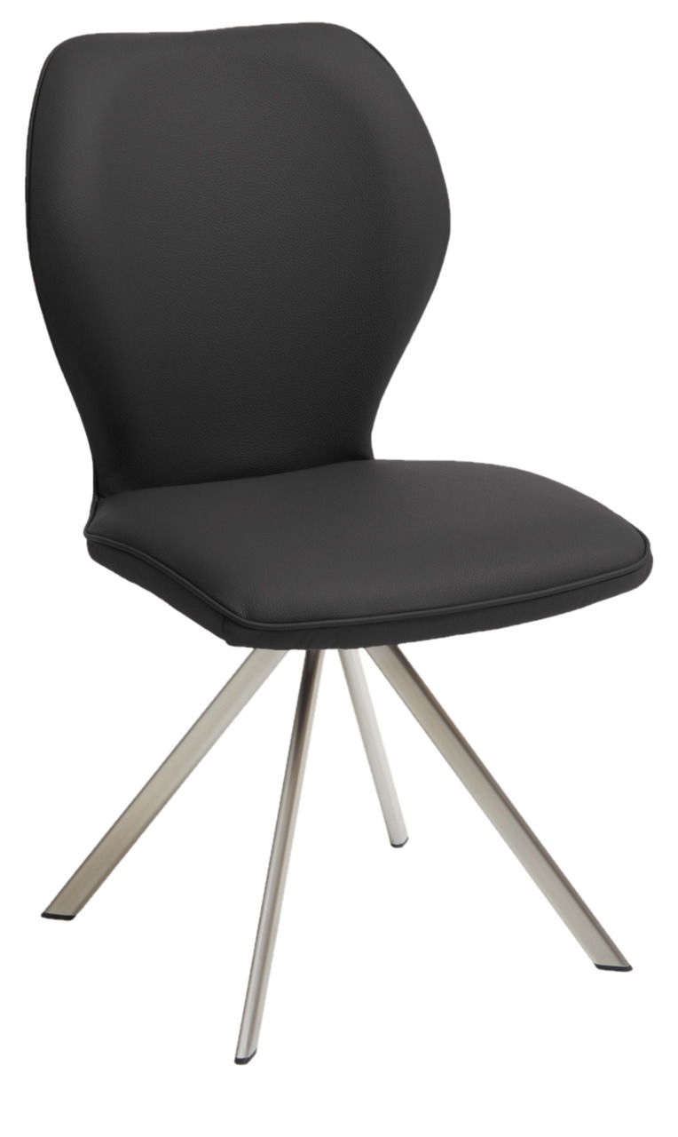 Moderner schwarzer Stuhl mit gepolsterter Sitzfläche und Rückenlehne, sowie einem stabilen Metallgestell, seitliche Perspektive