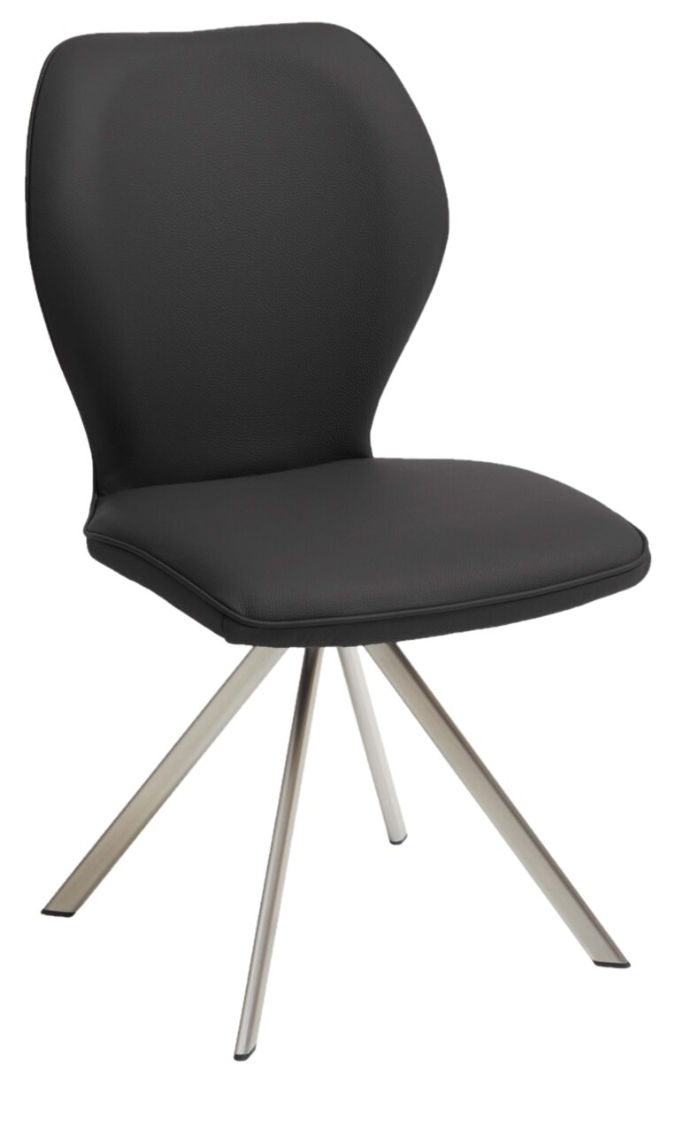Moderner schwarzer Stuhl mit gepolsterter Sitzfläche und Rückenlehne, sowie einem stabilen Metallgestell, seitliche Perspektive