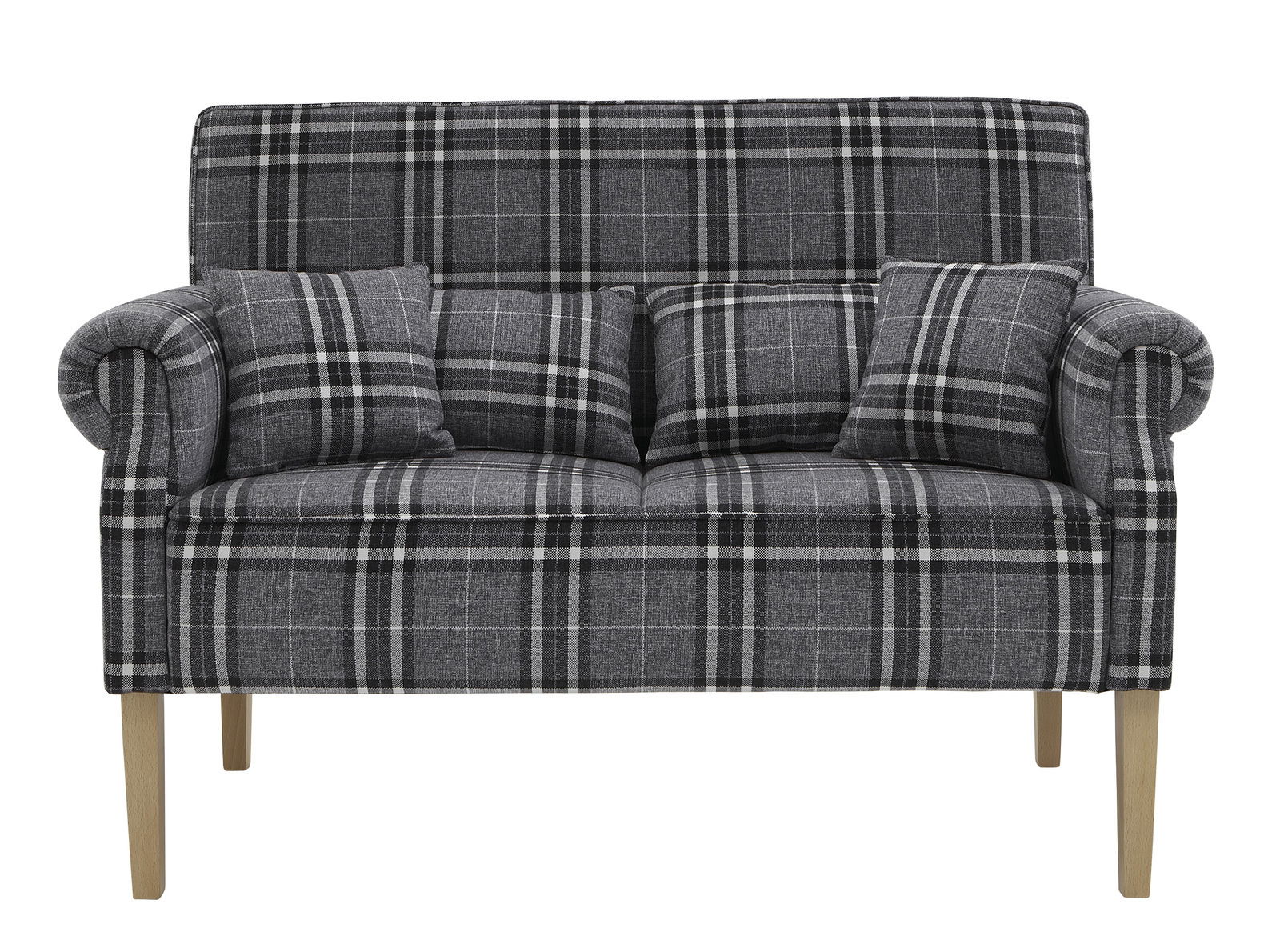 Graues karriertes Banksofa mit Holzbeinen, Vorderansicht