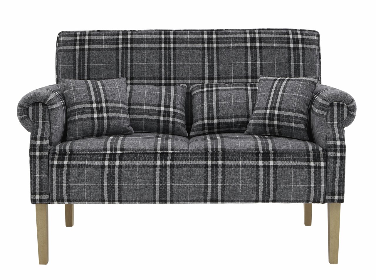 Graues karriertes Banksofa mit Holzbeinen, Vorderansicht