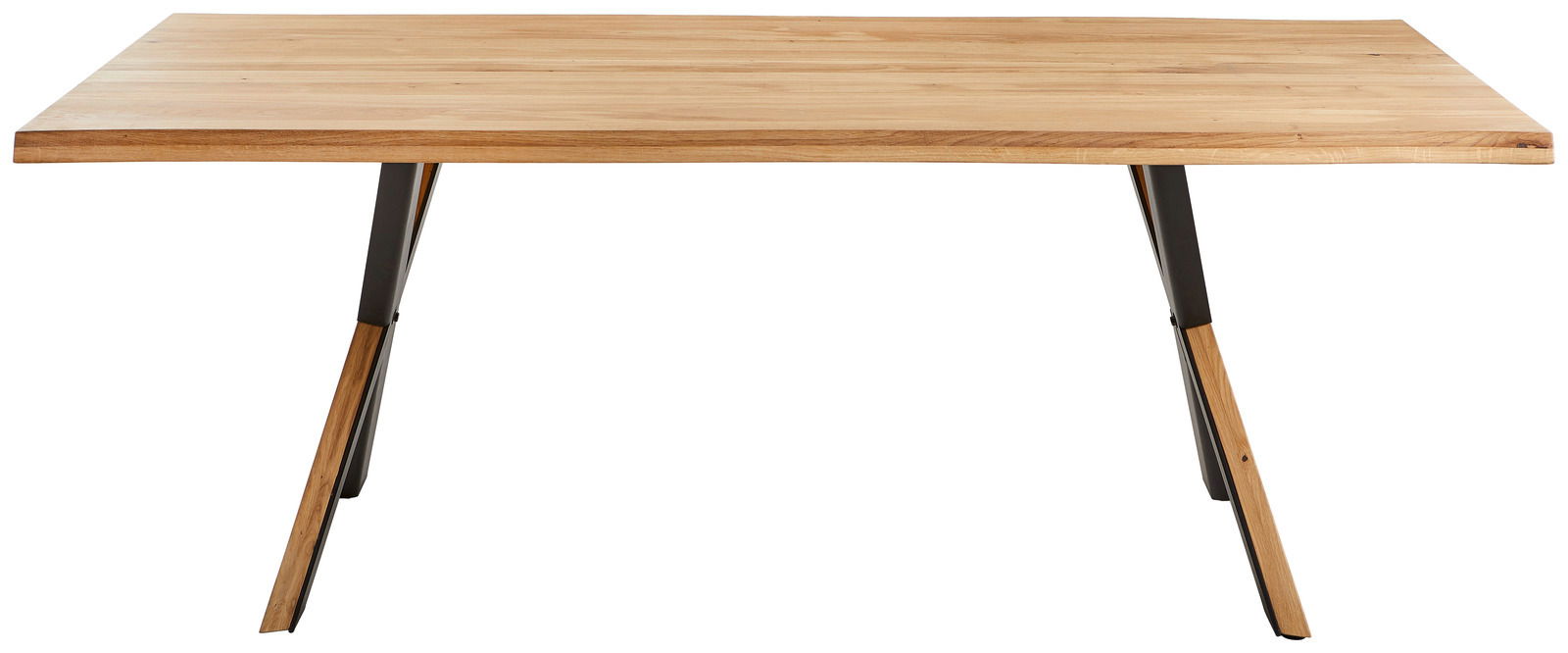 Moderner Esstisch aus Holz mit Metallbeinen, Frontalansicht