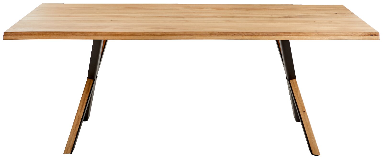 Moderne houten eettafel met metalen poten, vooraanzicht