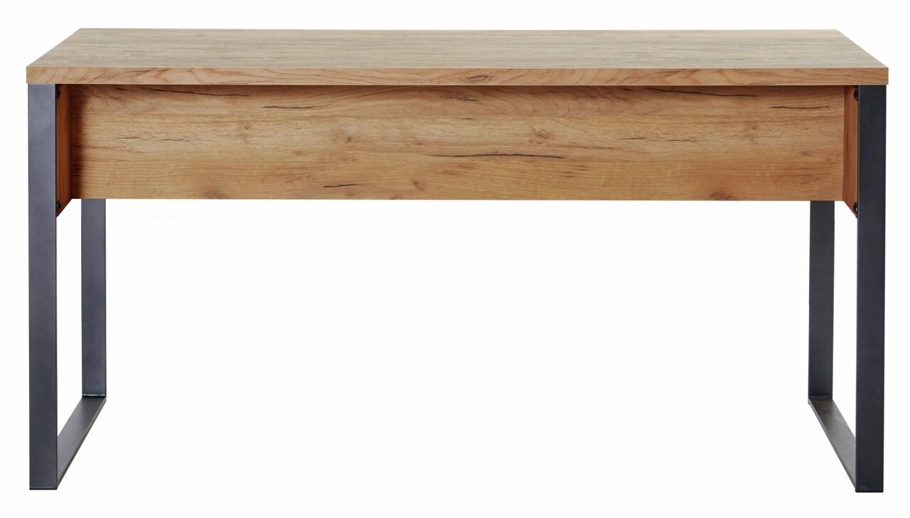 Moderner Schreibtisch aus Holz mit Metallbeinen, Frontalansicht