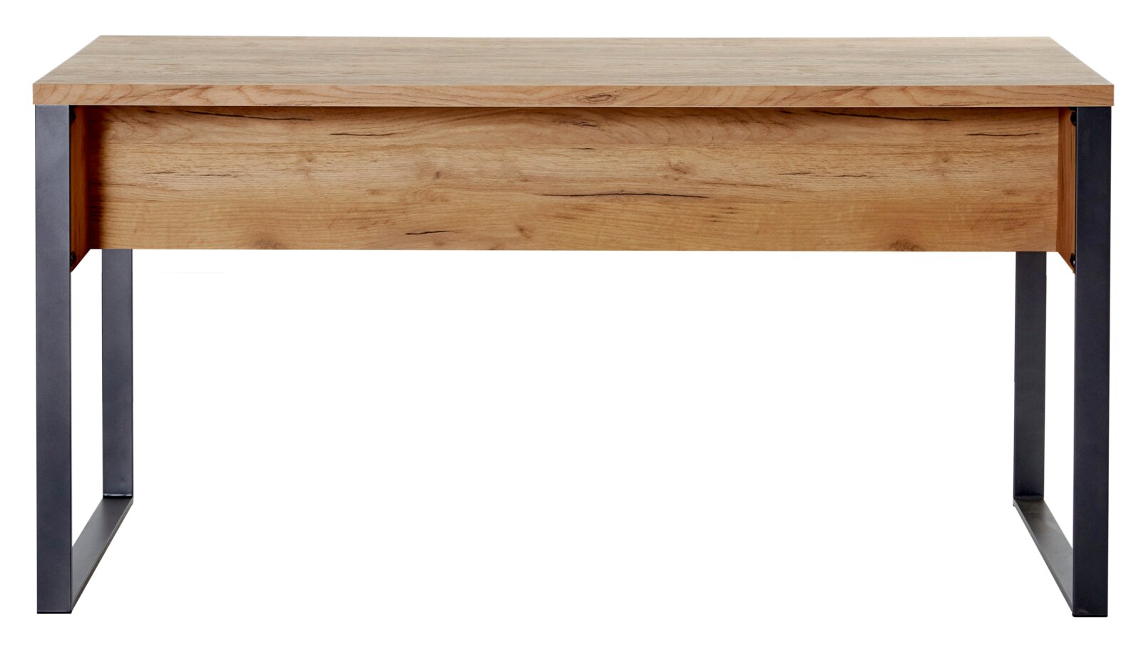 Modern houten bureau met metalen poten, vooraanzicht