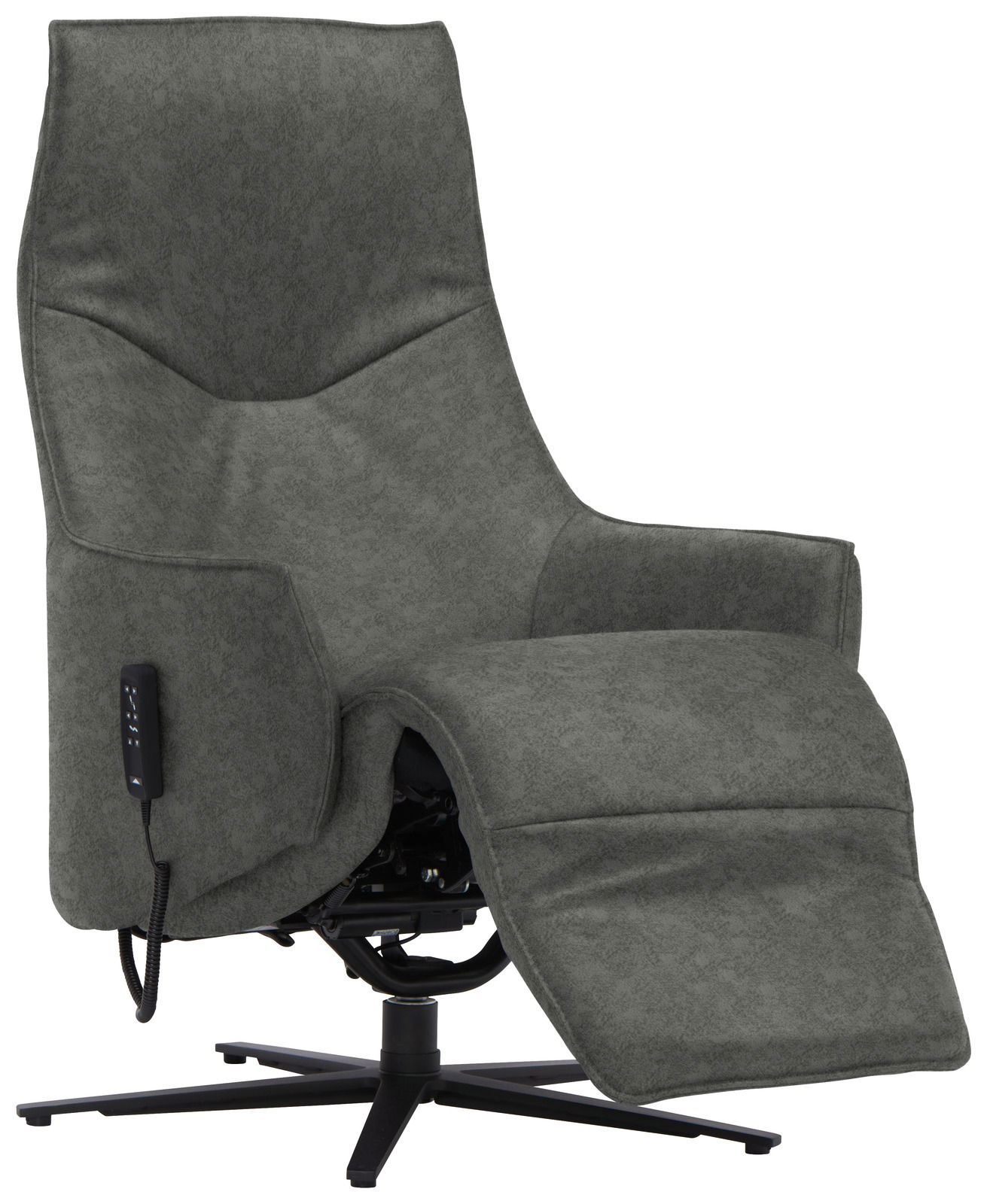 Grauer Relaxsessel mit verstellbarer Rückenlehne und Fußstütze, seitliche Ansicht