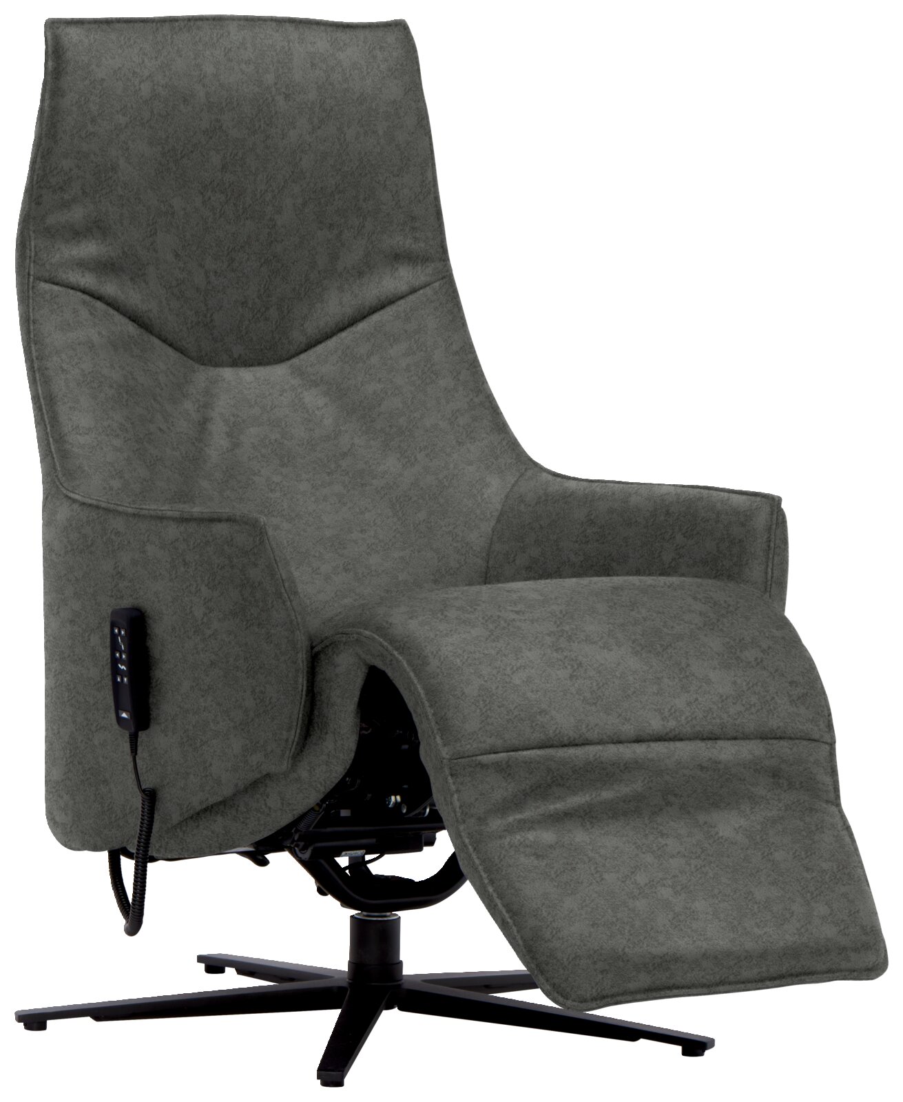 Grauer Relaxsessel mit verstellbarer Rückenlehne und Fußstütze, seitliche Ansicht