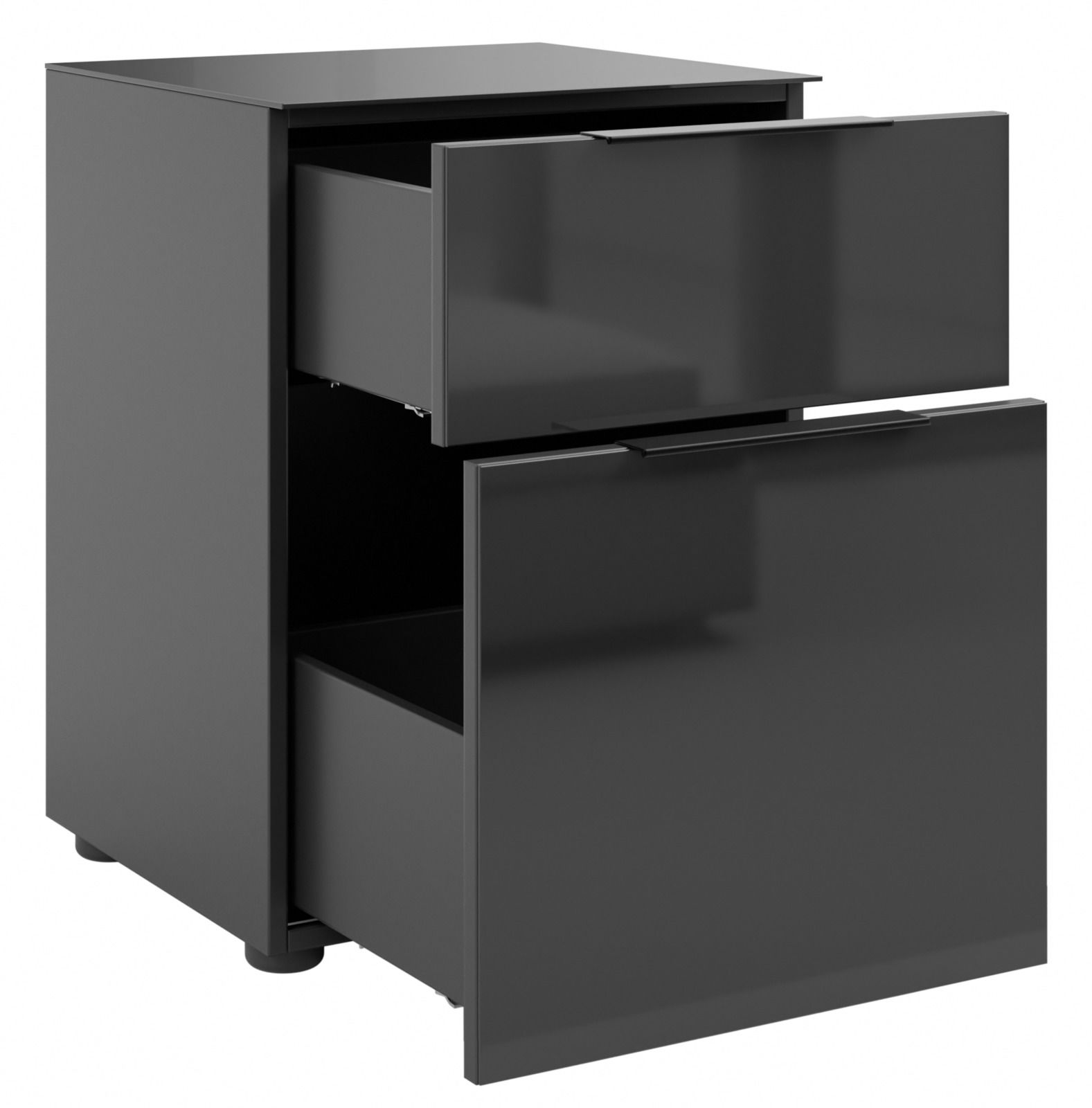 Moderne Nachtkommode in dunklem Grau mit zwei offenen Schubladen, seitliche Perspektive