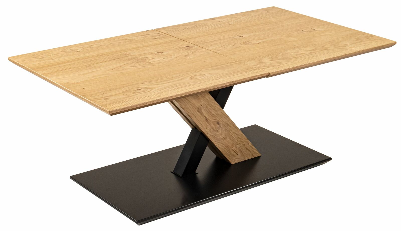 Moderner Couchtisch aus Holz mit X-förmigem Gestell, seitliche Perspektive