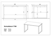 Technische Maßzeichnung des Schreibtischs 7786 mit Abmessungen 140 x 80 x 75 cm, dargestellt in Front- und Seitenansicht sowie in schräger Perspektive (3D-Ansicht) von oben.