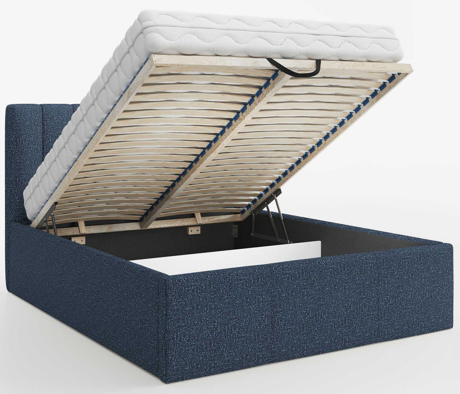 Polsterbett mit hochgeklappter Matratze und Stauraum, seitliche Perspektive