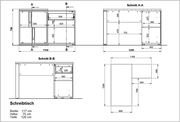 Technische Zeichnung eines Schreibtisches mit den Maßen: Breite 117 cm, Höhe 75 cm, Tiefe 120 cm. Die Zeichnung zeigt verschiedene Ansichten und Schnitte des Schreibtisches.