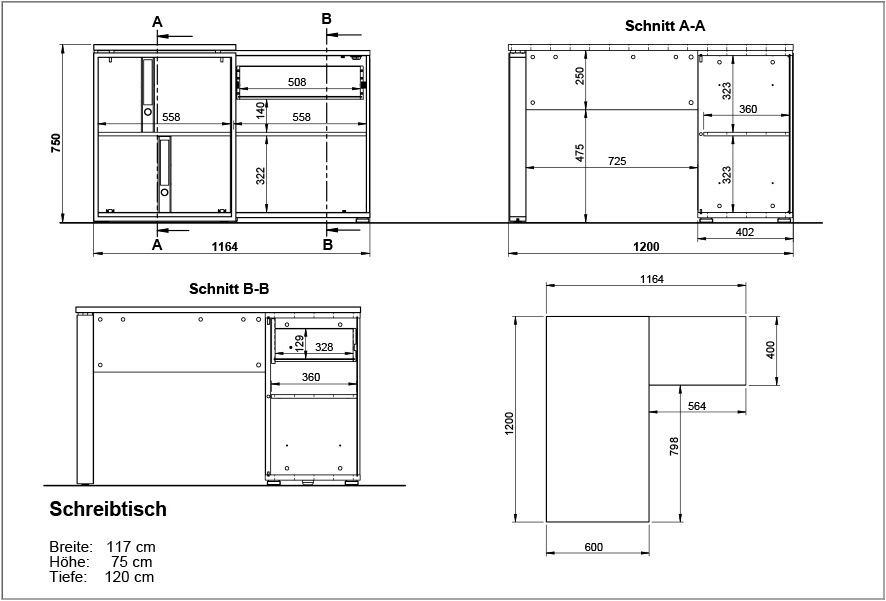 Technische Zeichnung eines Schreibtisches mit den Maßen: Breite 117 cm, Höhe 75 cm, Tiefe 120 cm. Die Zeichnung zeigt verschiedene Ansichten und Schnitte des Schreibtisches.