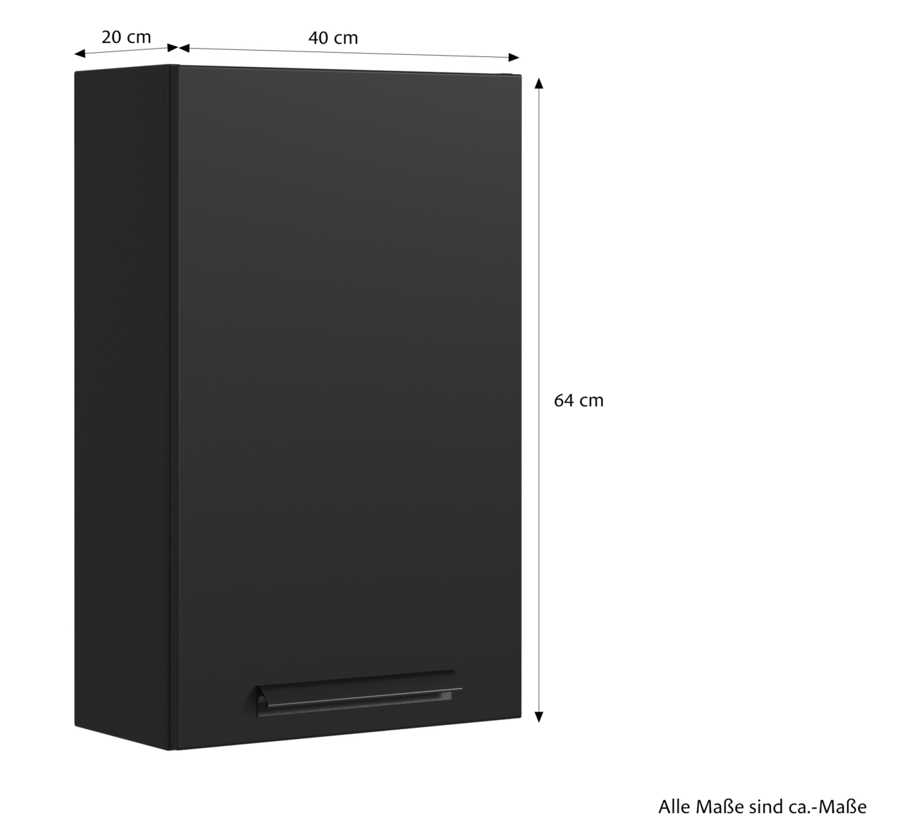 Schwarzer Hängeschrank mit den Maßen 40 cm Breite, 20 cm Tiefe und 64 cm Höhe, perspektivisch von vorne links gezeigt.