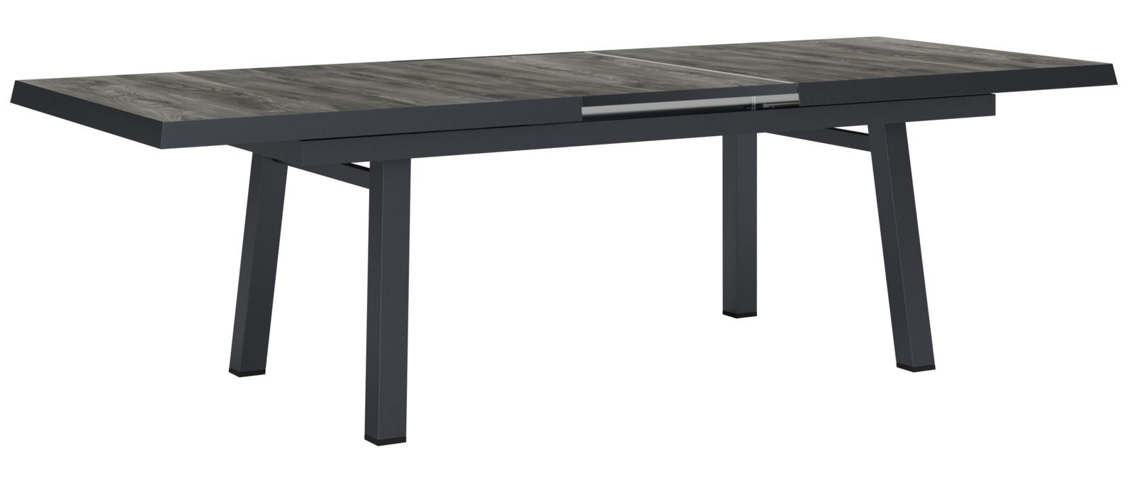 Großer, ausziehbarer Gartentisch mit dunkler Tischplatte und stabilen Beinen, seitliche Perspektive