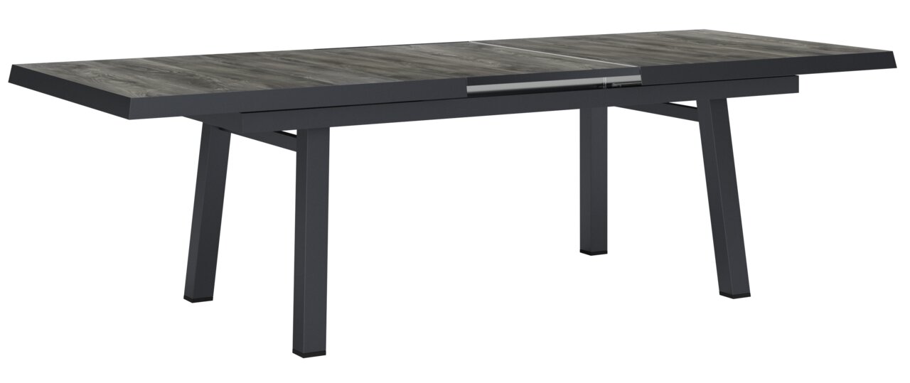 Großer, ausziehbarer Gartentisch mit dunkler Tischplatte und stabilen Beinen, seitliche Perspektive