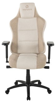 Beiger Gaming Stuhl mit ergonomischem Design, von vorne gesehen.