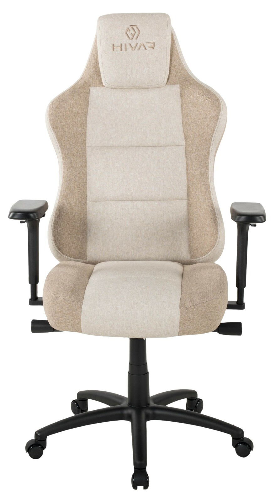 Beiger Gaming Stuhl mit ergonomischem Design, von vorne gesehen.