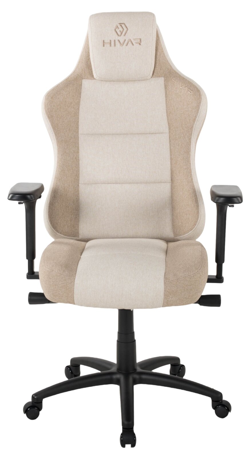 Beiger Gaming Stuhl mit ergonomischem Design, von vorne gesehen.