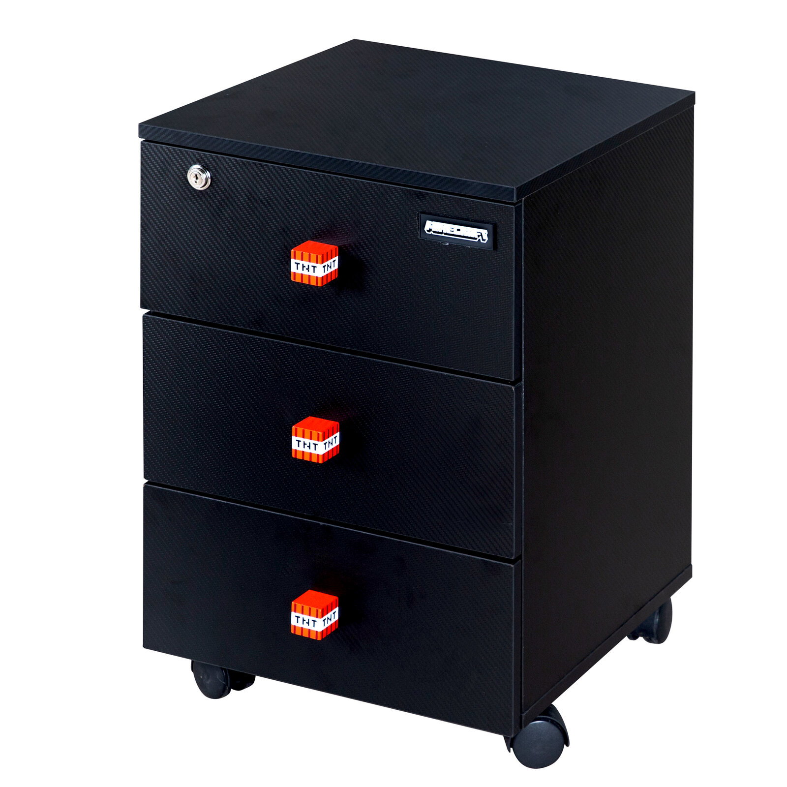 Zurbrüggen Rollcontainer MINECRAFT Schwarzer Rollcontainer mit drei Schubladen in Carbon-Optik, roten TNT-Würfelgriffen und Schloss, freigestellt auf weißem Hintergrund, Perspektive: schräg von vorne rechts (3/4-Ansicht)