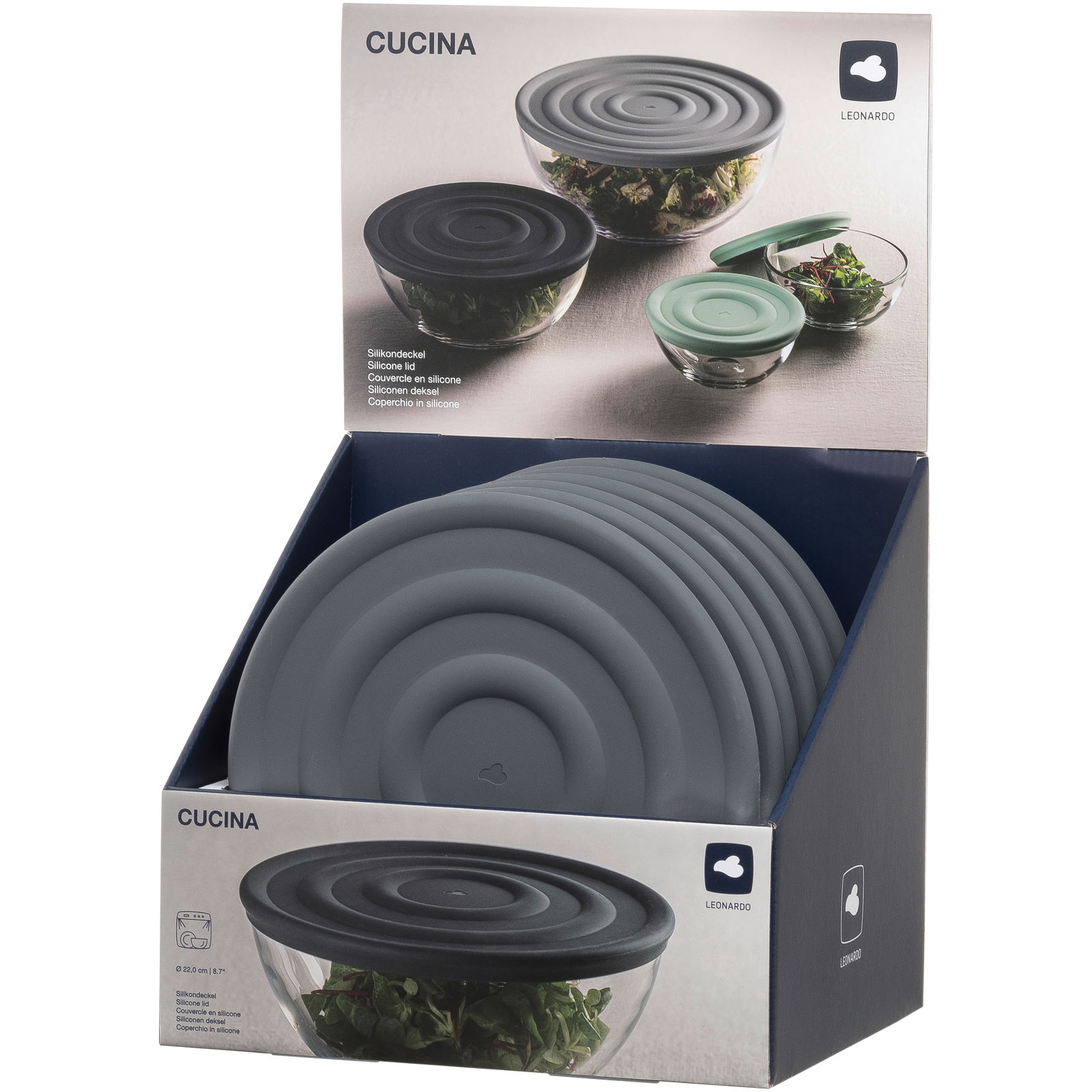 Silikondeckel in Anthrazit, präsentiert in einer Verkaufsverpackung, von schräg oben fotografiert.