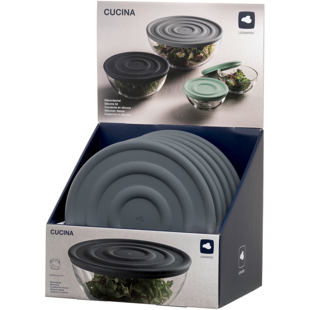 Silikondeckel in Anthrazit, präsentiert in einer Verkaufsverpackung, von schräg oben fotografiert.