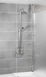 Edelstahl Teleskop-Eckregal in einer modernen Dusche, seitliche Perspektive