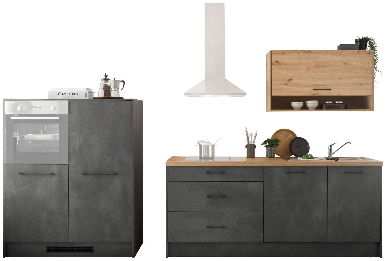 Moderne Küchenzeile in dunklem Grau mit Holzarbeitsplatte, bestehend aus einem Hochschrank, Unterschränken mit Schubladen, einer Dunstabzugshaube und einem Hängeschrank. Perspektive: Frontalansicht.