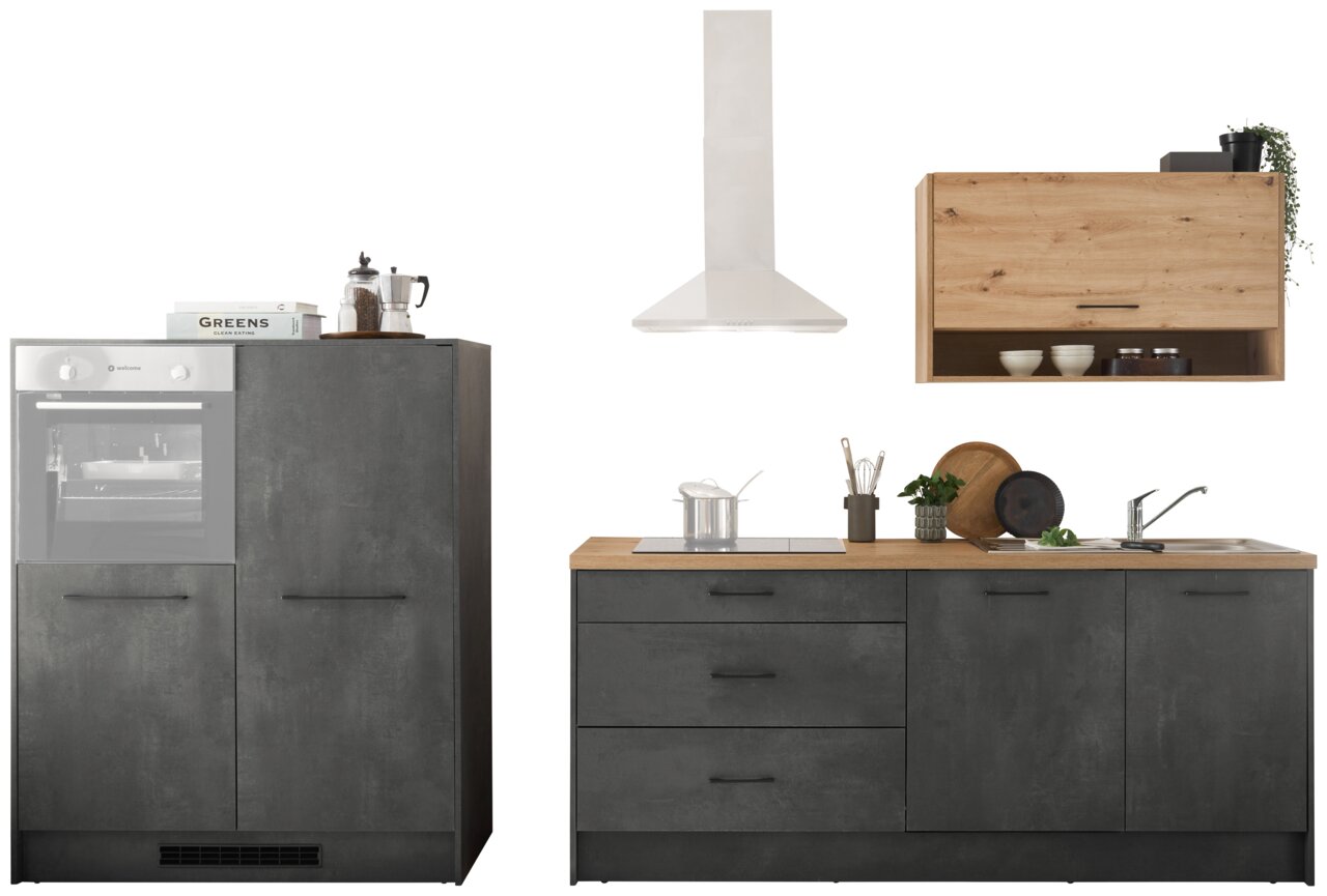 Yourkitchen Küchenblock 326 OHNE E-Geräte TORONTO Moderne Küchenzeile in dunklem Grau mit Holzarbeitsplatte, bestehend aus einem Hochschrank, Unterschränken mit Schubladen, einer Dunstabzugshaube und einem Hängeschrank. Perspektive: Frontalansicht.