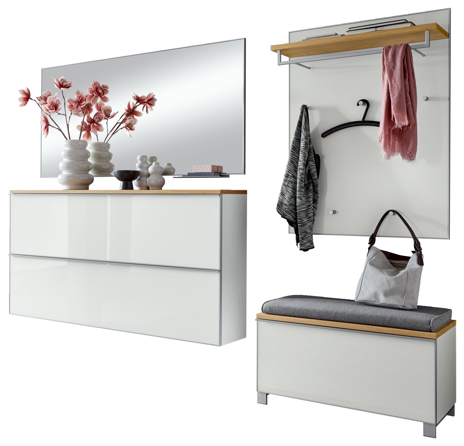 VOSS Garderoben-Set 6-tlg. VORTINA Modernes Flur-Garderoben-Set in Weiß mit Holzablage, Spiegel, Wandpaneel mit Haken und Kleiderstange sowie Sitzbank mit grauem Polster, gezeigt in frontaler Ansicht mit leichter Seitenperspektive.