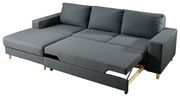 Graues Ecksofa mit ausziehbarem Bett, Perspektive von vorne.