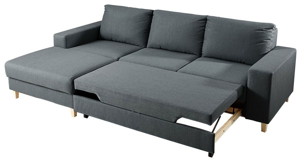 Graues Ecksofa mit ausziehbarem Bett, Perspektive von vorne.