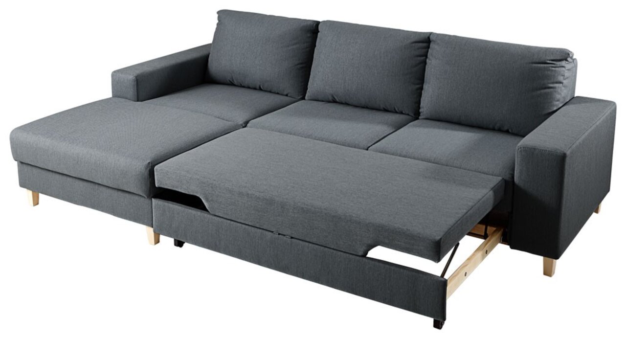 Graues Ecksofa mit ausziehbarem Bett, Perspektive von vorne.
