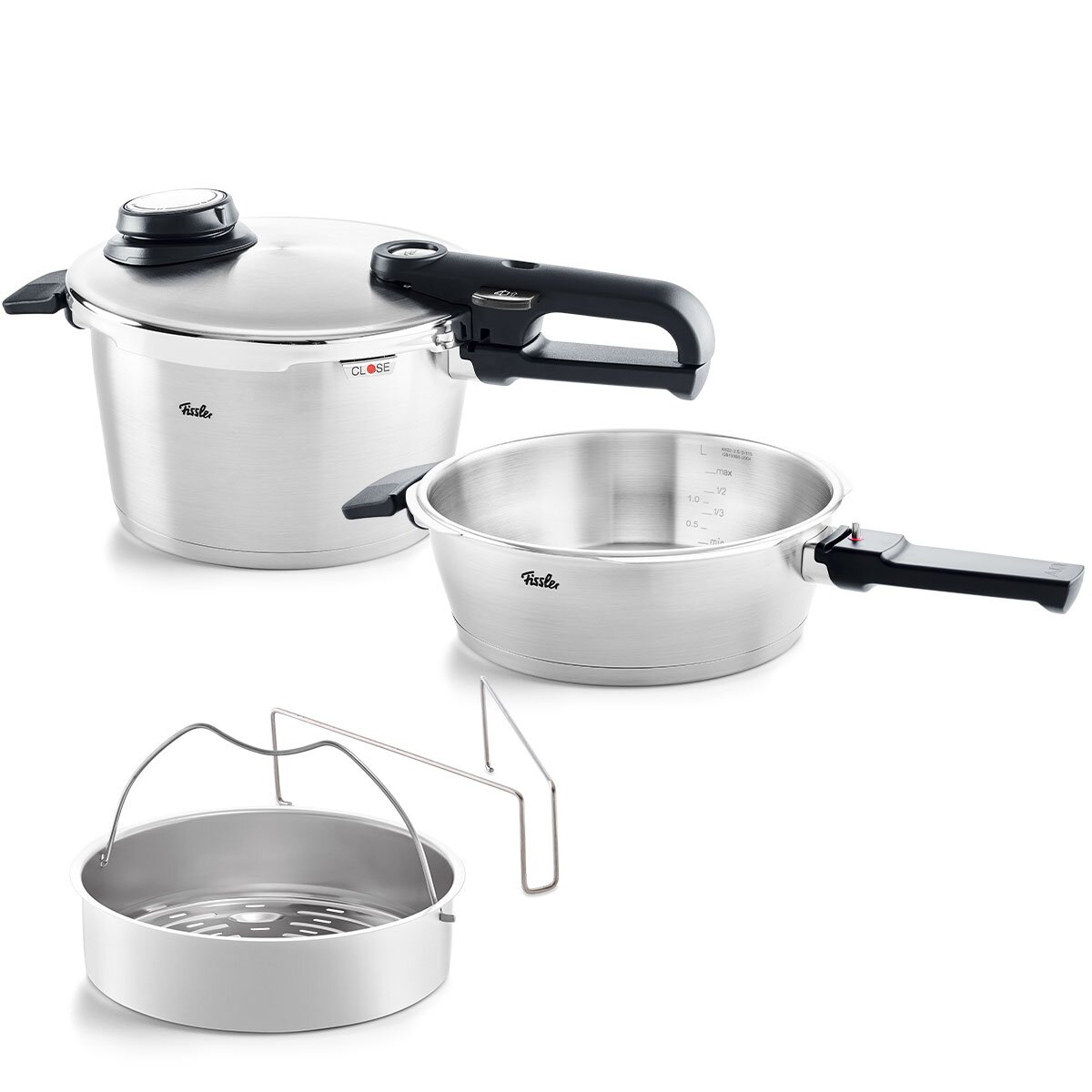 Set aus zwei Edelstahl-Schnellkochtöpfen mit schwarzem Griff und Dampfgarer-Einsatz, seitliche Perspektive