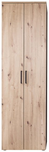 Garderobenschrank aus Holz mit zwei Türen und schwarzen Griffen, Frontalansicht